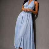 Powder Blue Jacquard Halter Maxi Dress