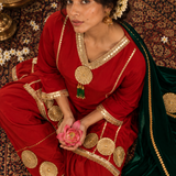 Red Mirror Embroidered Kurta Patiala Set with Green Dupatta