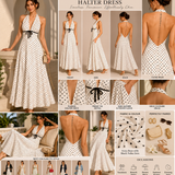 Ivory Pearl Polka Dot Halter Maxi Dress