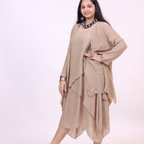 Brown Elegant Dress Co-ord Set With Shrug