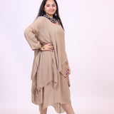 Brown Elegant Dress Co-ord Set With Shrug