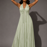 Sage Green Jacquard Halter Maxi Dress