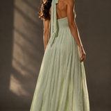 Sage Green Jacquard Halter Maxi Dress