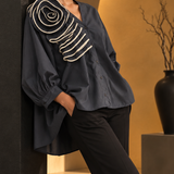 Charcoal Spiral Ruffle Blouse