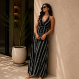 Black Embroidered Stripe Halter Maxi Dress