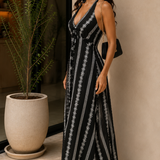 Black Embroidered Stripe Halter Maxi Dress