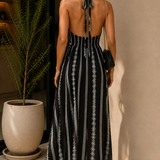 Black Embroidered Stripe Halter Maxi Dress