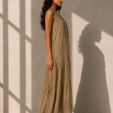 Khaki Embroidered Tiered Maxi Dress