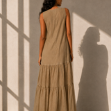 Khaki Embroidered Tiered Maxi Dress