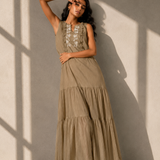 Khaki Embroidered Tiered Maxi Dress